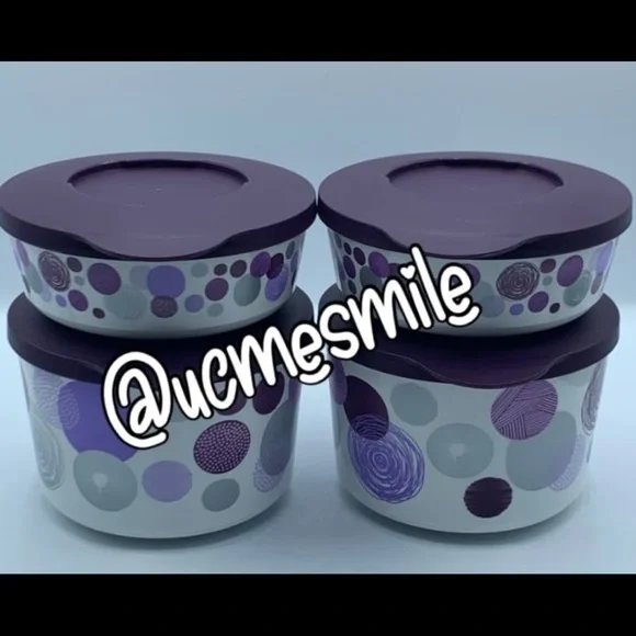 Tupperware Beautiful Purple Circle Dot One Touch Stacking Canisters Set